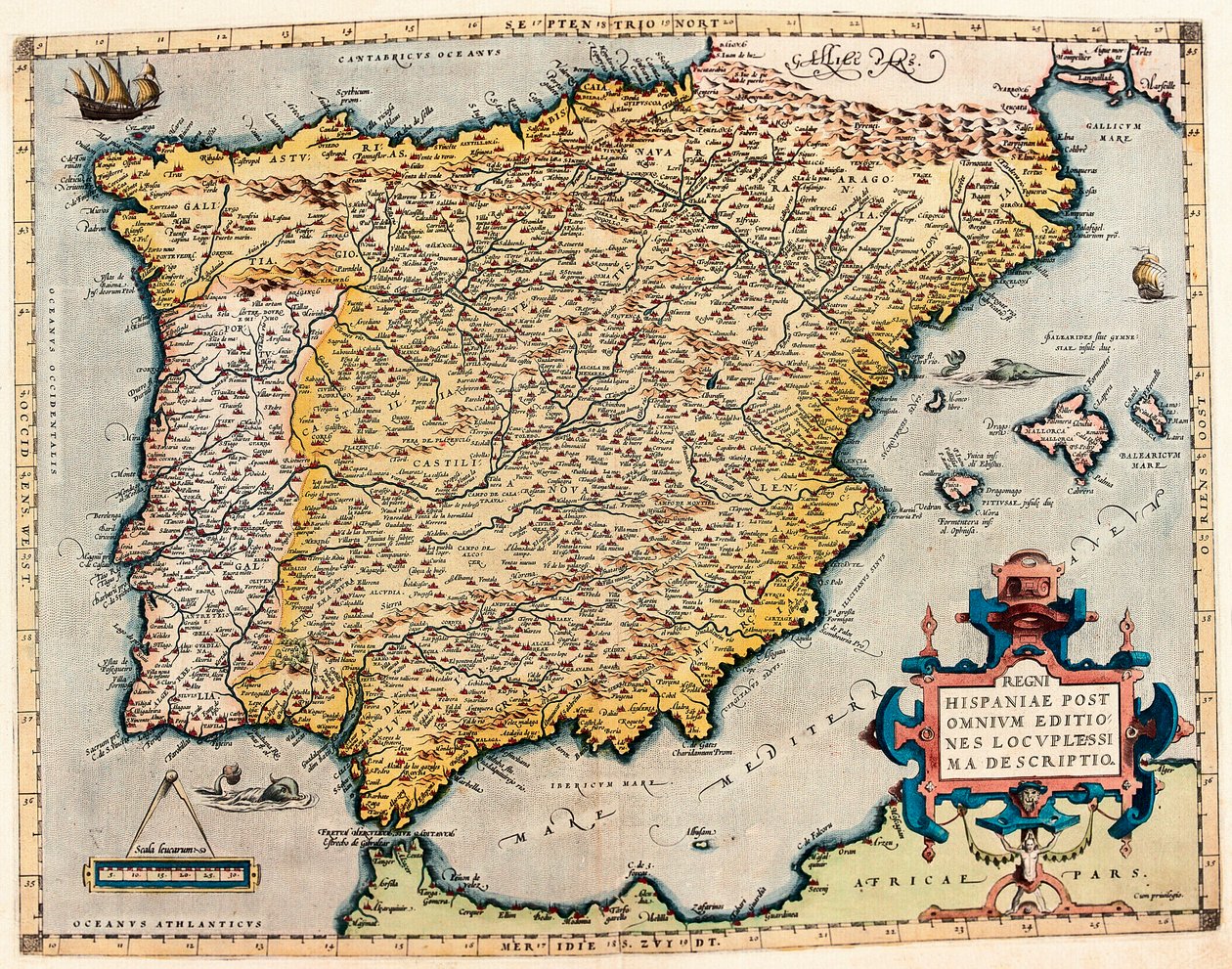 Beskrivelse af Spanien. Geografikort fra "Theatrum Orbis Terrarum" af Abraham Ortelius (1527-1598) af Abraham Ortelius