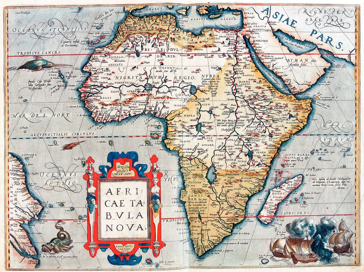 Beskrivelse af det afrikanske kontinent. Geografikort fra "Theatrum Orbis Terrarum" af Abraham Ortelius (1527-1598) af Abraham Ortelius
