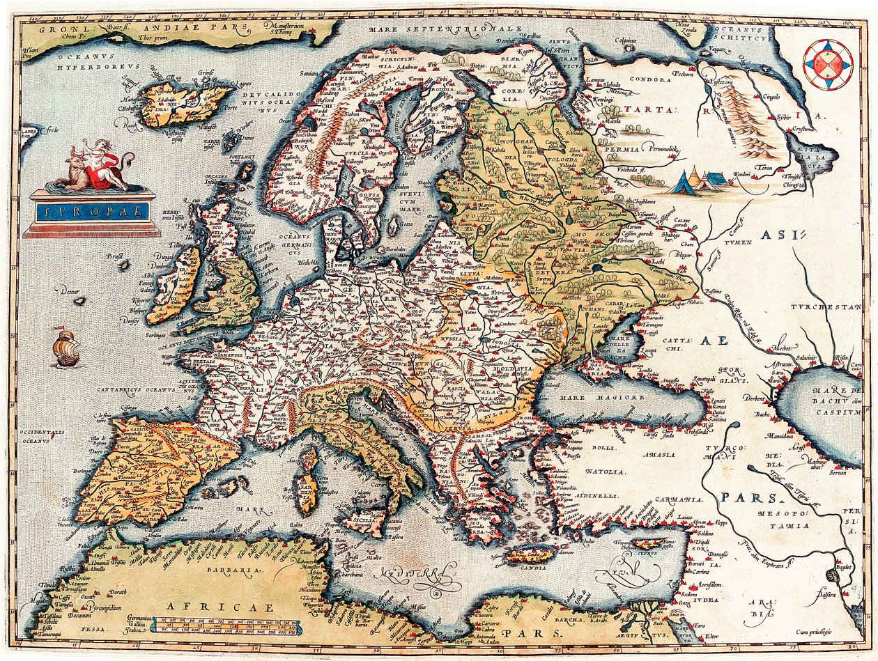 Description of the European continent. Geography map from “Theatrum Orbis Terrarum” by Abraham Orteliusdani af Abraham Ortelius