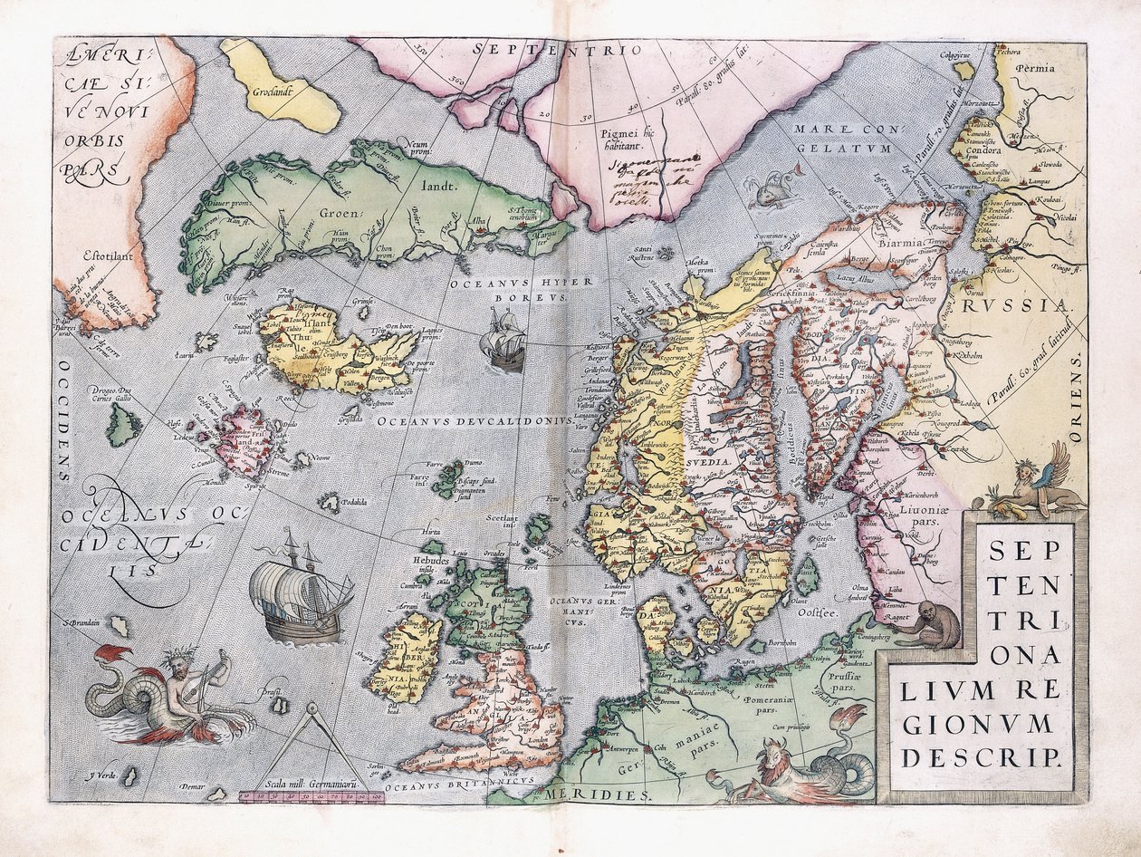 Dobbeltsidet kort over Nordeuropa, 1575 af Abraham Ortelius