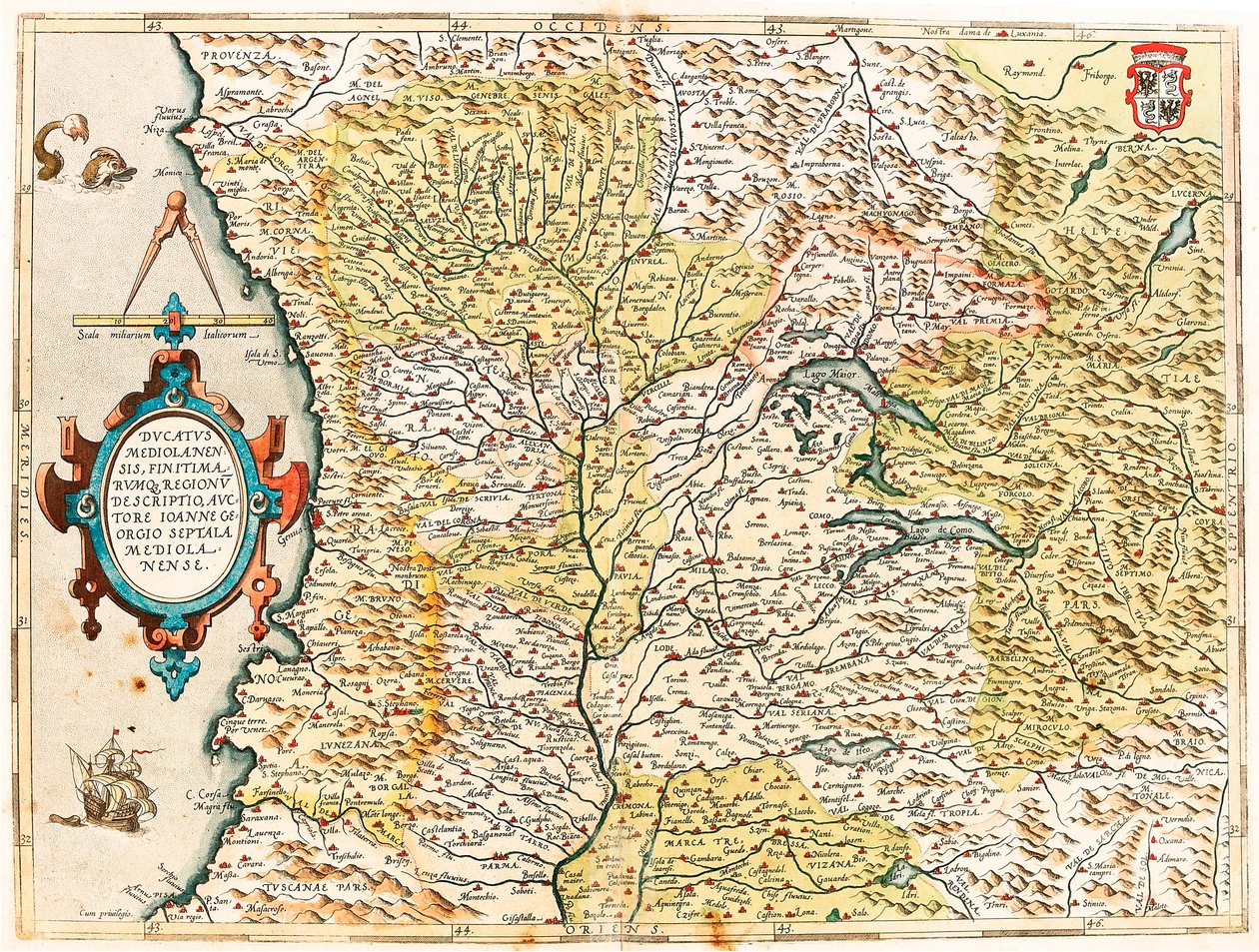 Ducatus Mediolanensis, Finitimarumq Regionu Descriptio Auctore Iooanne Georgio Septala Mediolanense Geografisk kort over hertugen af ​​Milano fra "Theatrum Orbis Terrarum" af Abraham Ortelius (Oertel, Ortell eller Ortel af Abraham Ortelius