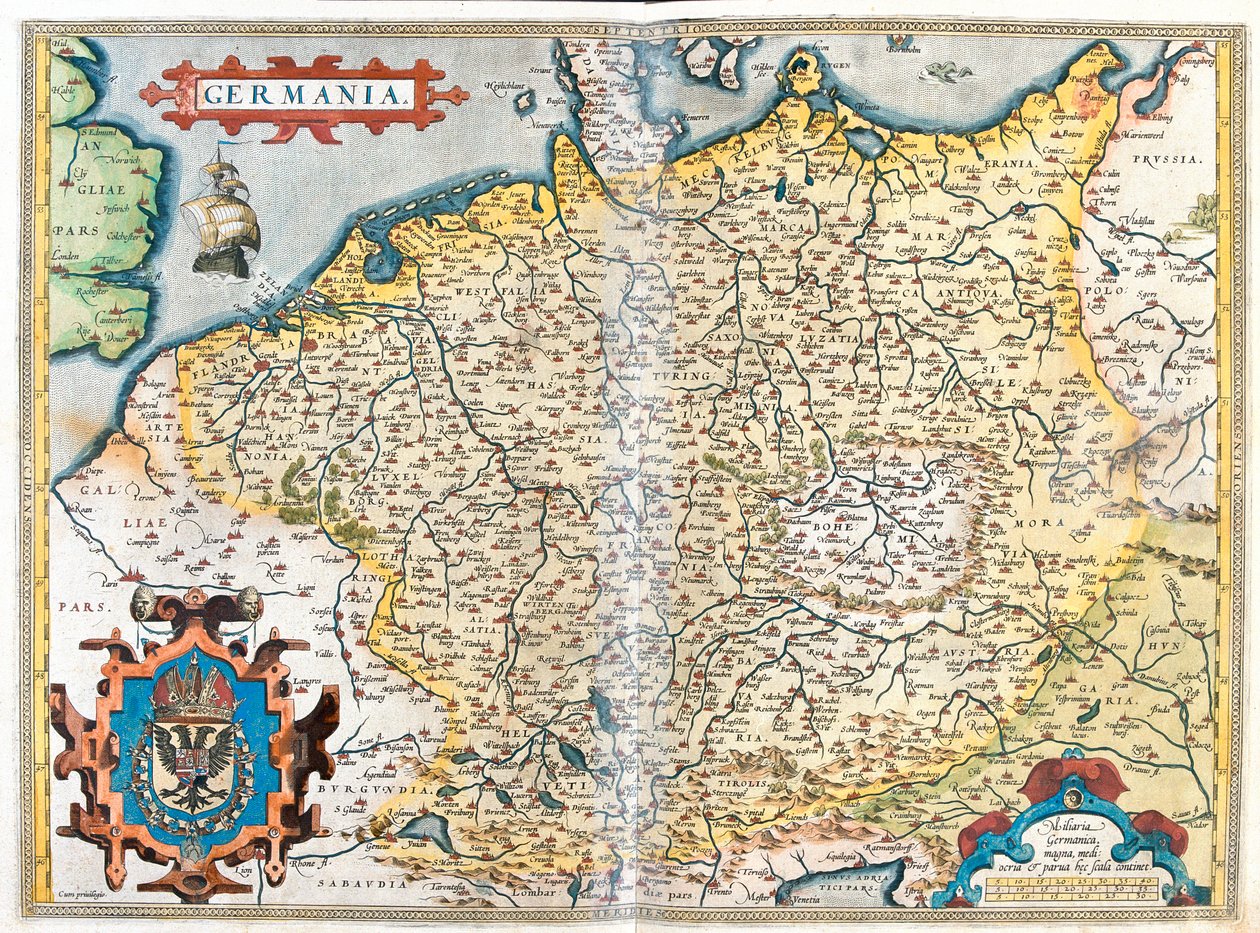 Frankrig (Region: Haute-Normandie, Picardie, Nord-Pas-de-Calais, Ile-de-France, Champagne-Ardenne, Lorraine, Alsace, Bourgogne, Franche-Comté, Rhône-Alpes), Belgien, Holland, Luxembourg, Tyskland, Polen (voivodskab: Vestpommern, Pommern, Lubusz, Gr af Abraham Ortelius