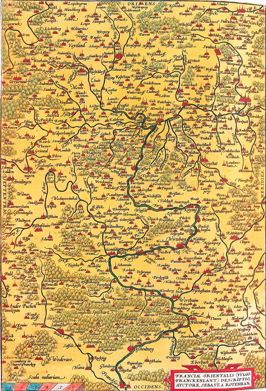 Østfrankrig (Vulgo/Franckenlant) Beskrivelse, forfatter, Sebast. A. Rotenhan Geografikort over Frankens territorium i Tyskland med byen Frankfurt (også byen Karlstadt..) taget fra "Theatrum Orbis Terrarum" af Abraham Ortelius (Oer) af Abraham Ortelius