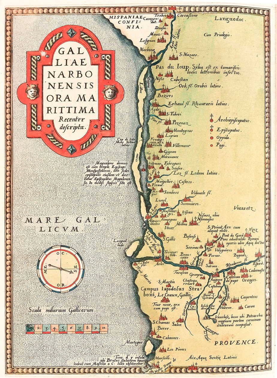 Galliae Narbonensis ora Marittima Recenter descripta Geografisk kort over Narbonnes område, der transporterer byen Narbonne til Marseille via Beziers, Montpellier, Arles af Abraham Ortelius