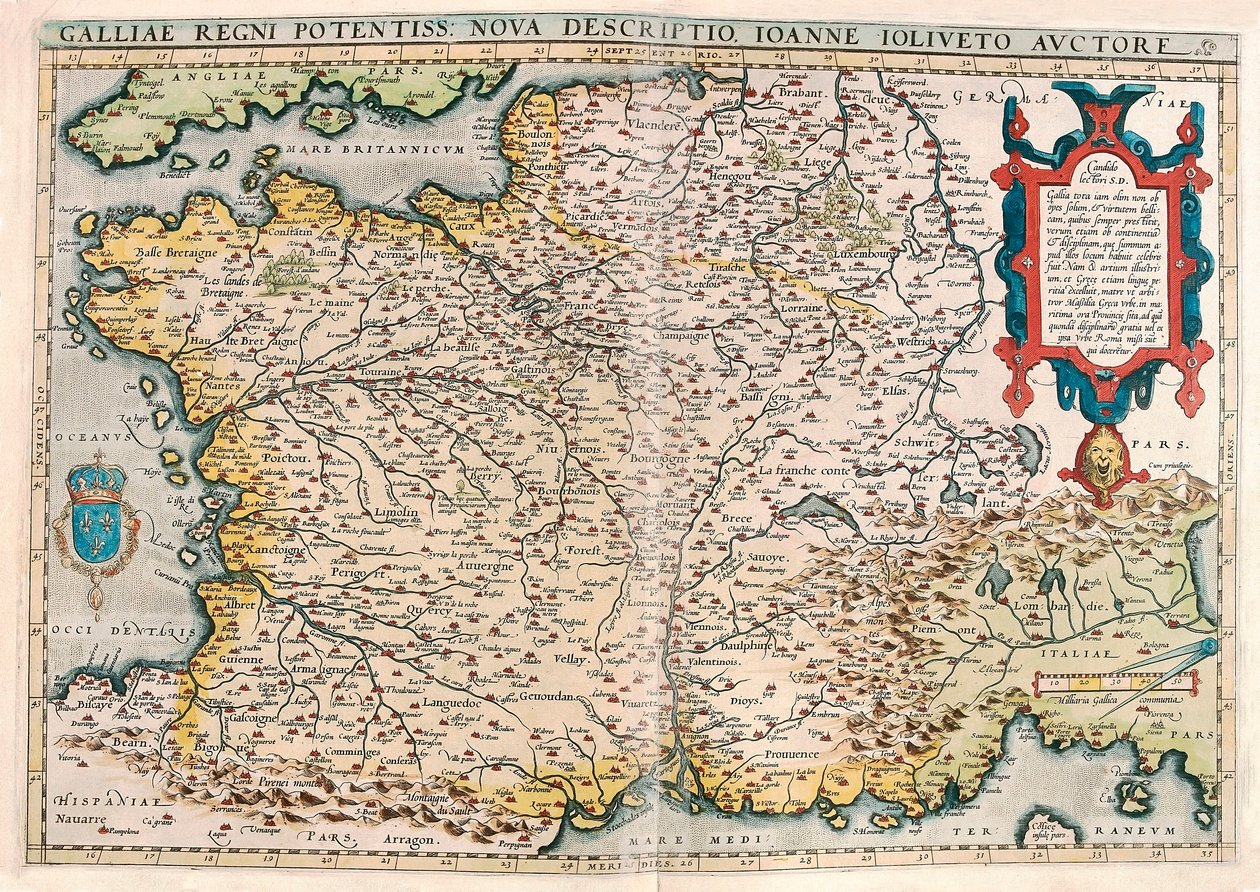 Den magtfulde i kongeriget Gallien. ny beskrivelse af John Ioliveto Geografikort over Galliens territorium (Frankrig) fra "Theatrum Orbis Terrarum" af Abraham Ortelius (Oertel, Ortell eller Ortel af Abraham Ortelius