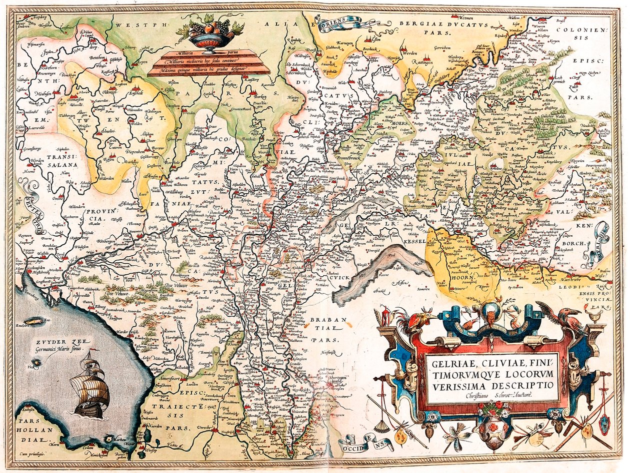 En sand Beskrivelse af Gelriae, Cliviae, Nabosteder, af Christian Schrot. Af forfatteren. Geografisk kort over det tyske Hollands territorium fra "Theatrum Orbis Terrarum" af Abraham Ortelius (Oertel, Ortell eller Ortel af Abraham Ortelius