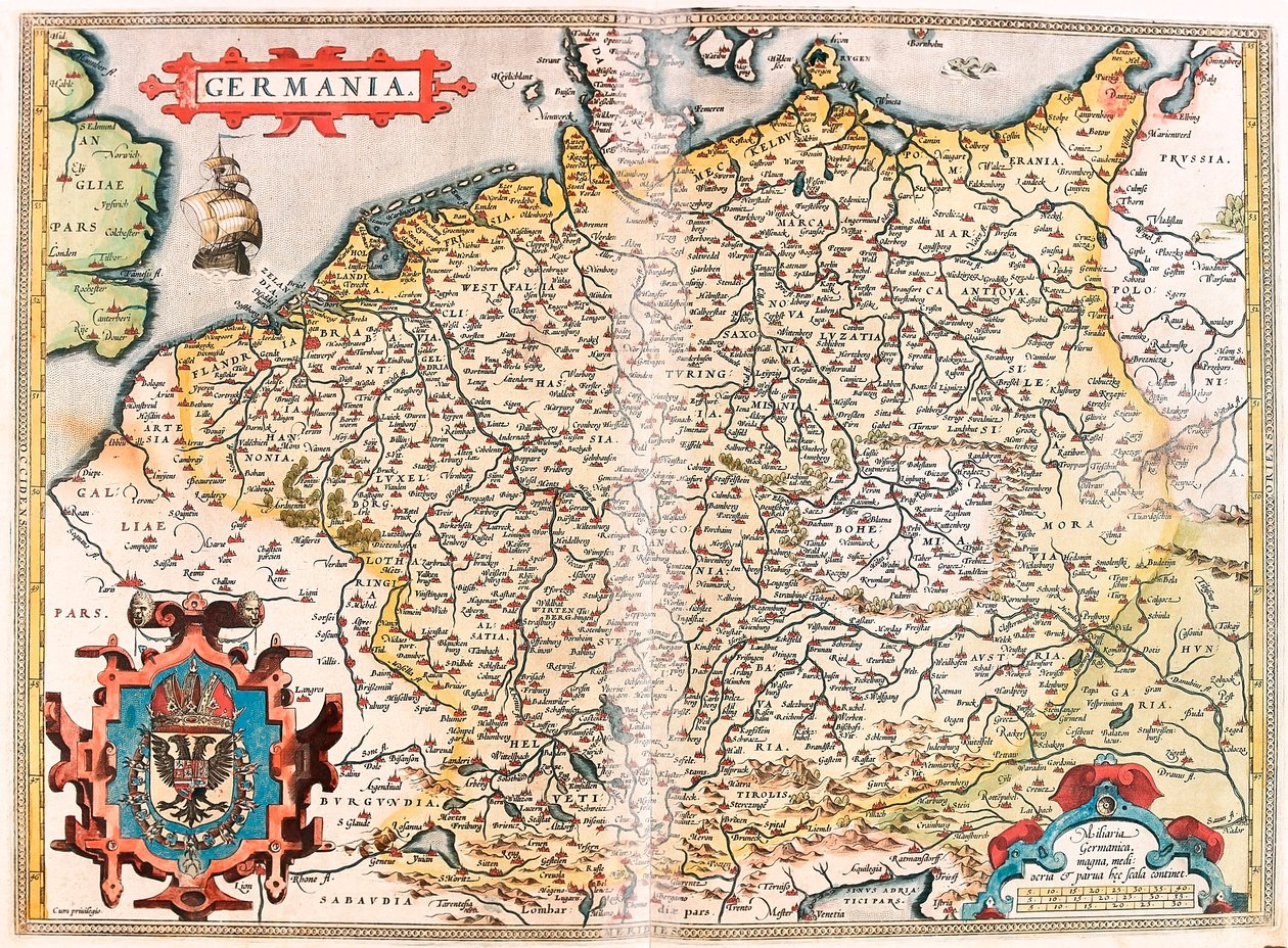 Tyskland Geografisk kort over Tysklands territorium (det hellige germanske rige) fra "Theatrum Orbis Terrarum" af Abraham Ortelius (Oertel, Ortell eller Ortel af Abraham Ortelius