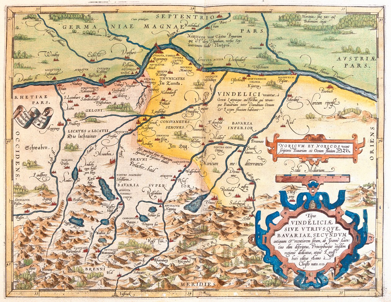 Tyskland (delstat: Bayern), Østrig (delstat: Tyrol, Oberösterreich, Salzburg) af Abraham Ortelius
