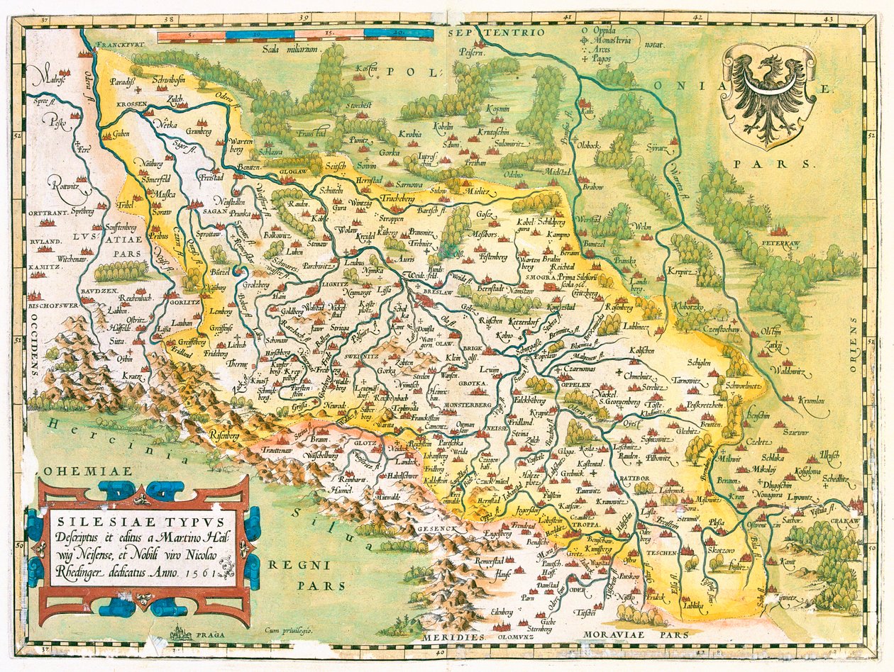 Tyskland (delstat: Brandenburg, Sachsen), Polen (voivodskab: Lubusz, Storpolen, Nedre Schlesien, ód, Opolskie, Schlesien, Lillepolen), Tjekkiet (region: Moravia-Silesia, Olomouc, Pardubice, Hradec Králové, Liberec, Centralbøhmen, Ústí nad Lab. af Abraham Ortelius