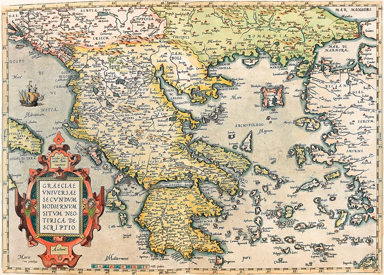 Graeciae Universae Secundum Hodiernum Neoterica Descriptio Geografisk kort over Grækenlands territorium med Peloponnes og øerne taget fra "Theatrum Orbis Terrarum" af Abraham Ortelius (Oertel, Ortell eller Ortel af Abraham Ortelius