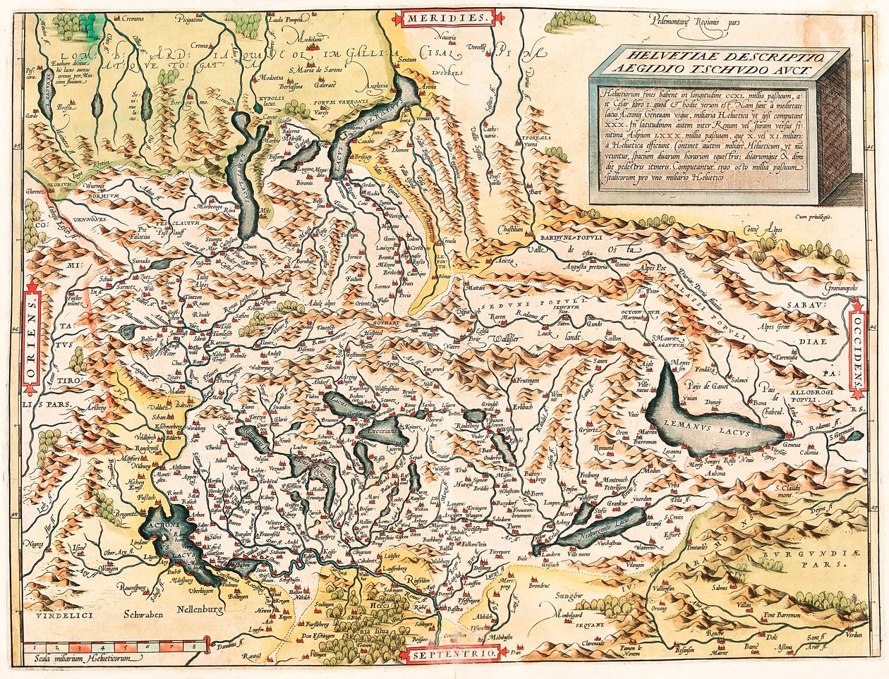 Schweiz Beskrivelse Aegidius Tschudo Auct. Geografisk kort over de schweiziske og franske alper inklusive søer fra "Theatrum Orbis Terrarum" af Abraham Ortelius (Oertel, Ortell eller Ortel af Abraham Ortelius