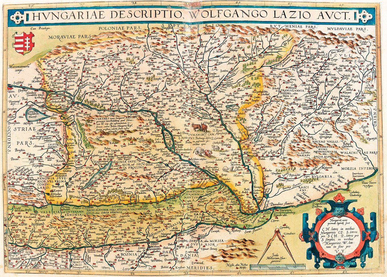 Ungarsk Beskrivelse, Wolfgango Lazio Auct. Geografikort over Ungarns territorium fra "Theatrum Orbis Terrarum" af Abraham Ortelius (Oertel, Ortell eller Ortel af Abraham Ortelius