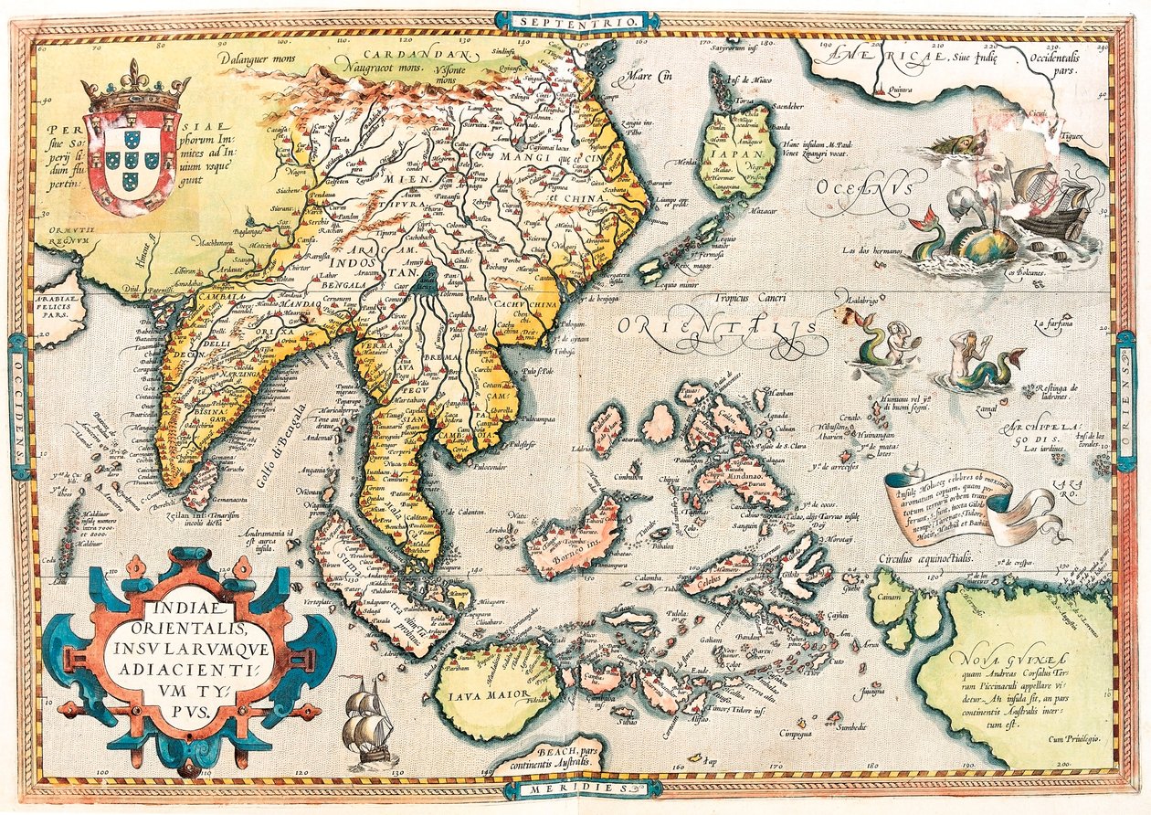 Type af Østindien og tilstødende øer. Geografisk kort over Østindien og det sydøstasiatiske område fra "Theatrum Orbis Terrarum" af Abraham Ortelius (Oertel, Ortell eller Ortel af Abraham Ortelius