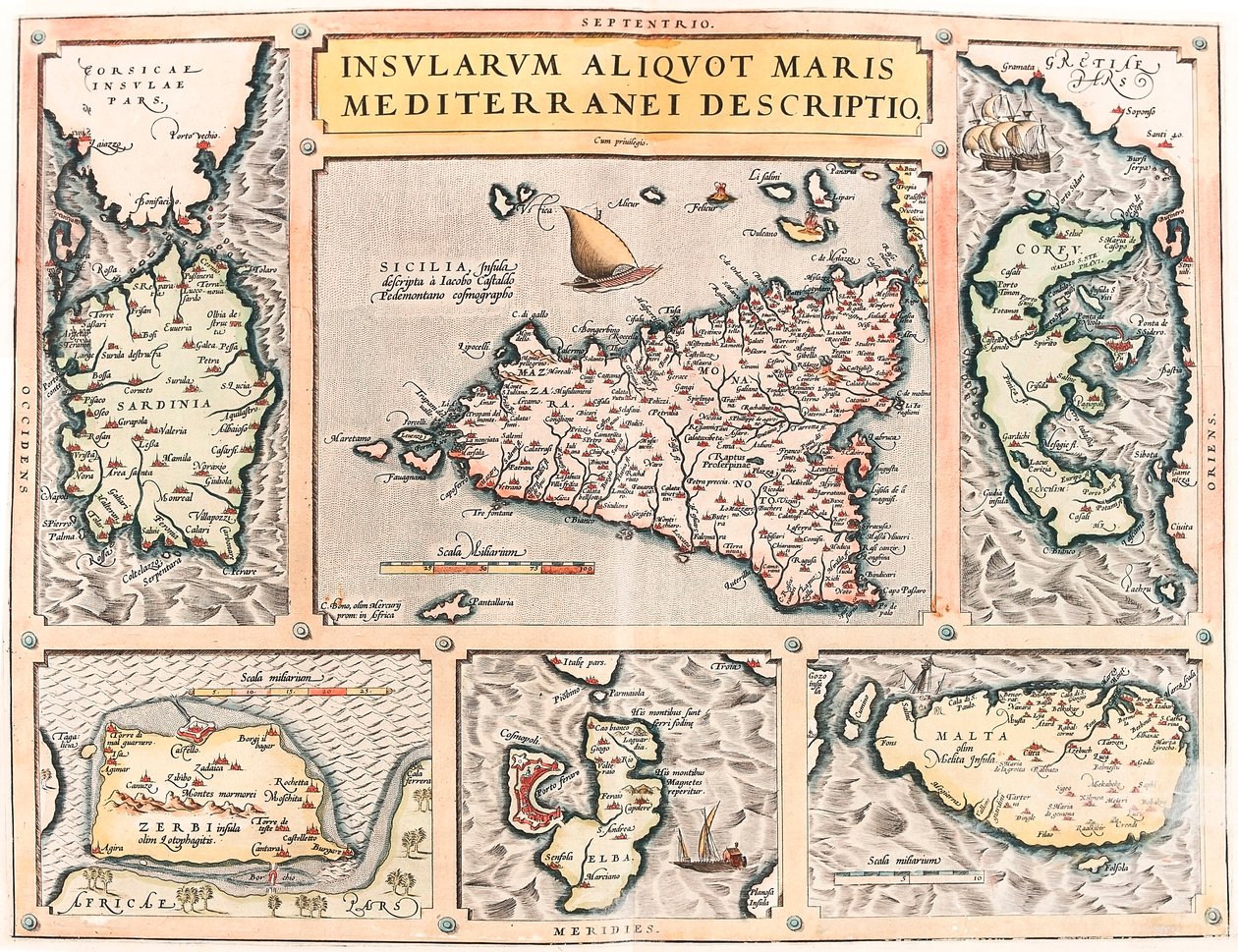 En beskrivelse af nogle øer i Middelhavet. Geografisk kort over middelhavsøerne Sicilien, Sardinien, Korfu, Malta, Djerba og Elba (Sicilien, Sardegna, Colfu, Malta Djerba, Elba) fra "Theatrum Orbis Terrarum" af Abraham Ortelius (Oertel, Ortell) af Abraham Ortelius