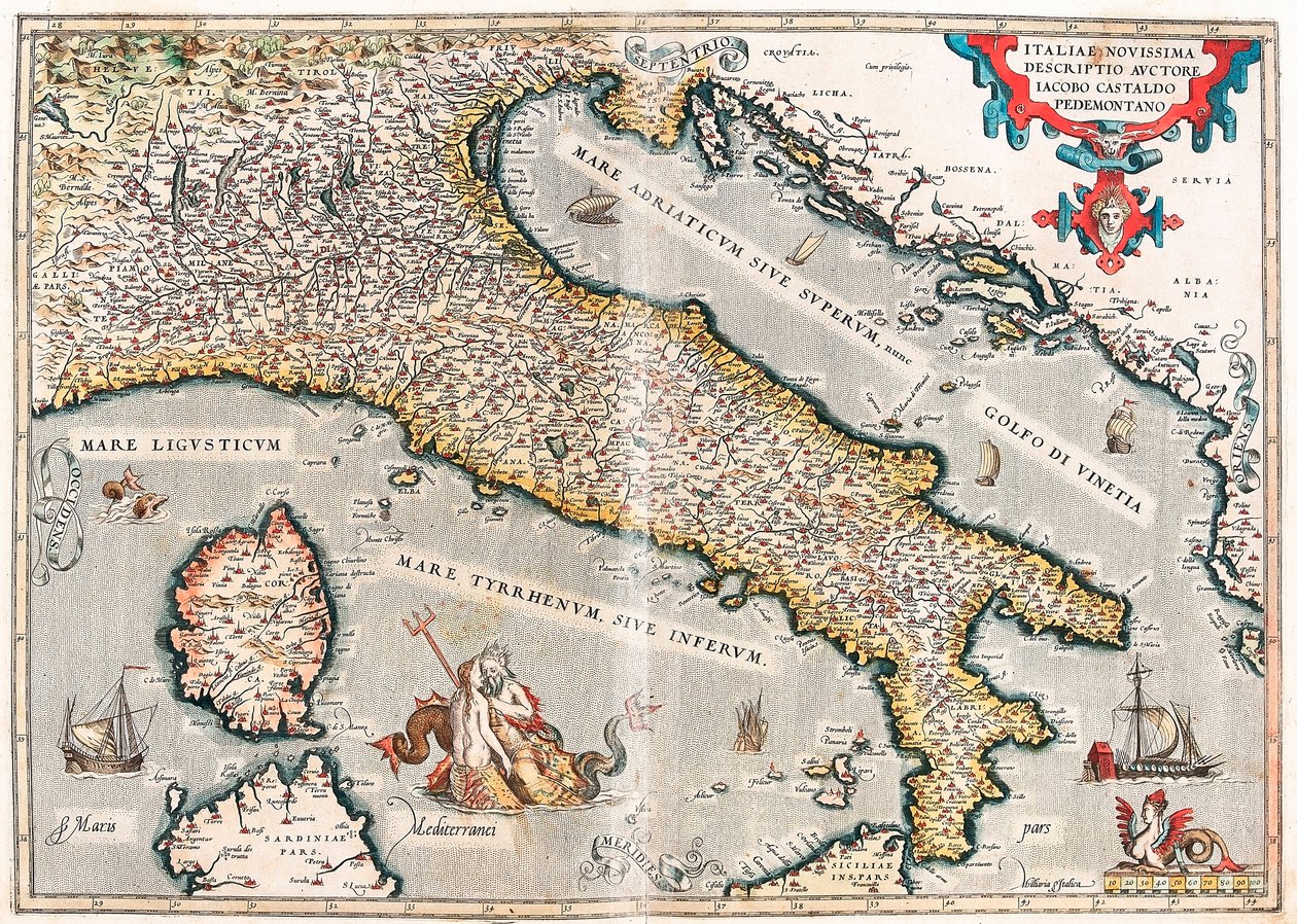Den seneste beskrivelse af Italien af ​​Iacob Castaldo Pedemontano Geografikort over Italiens territorium taget fra "Theatrum Orbis Terrarum" af Abraham Ortelius (Oertel, Ortell eller Ortel af Abraham Ortelius