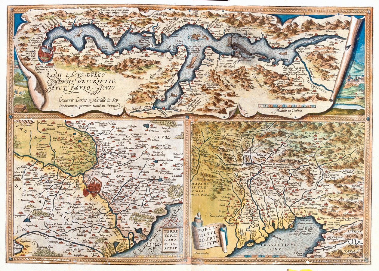 Comosøen (Italien; region: Lombardiet), Rom (Italien; region: Lazio), Triestebugten (Italien: region Friuli-Venezia Giulia; Slovenien: traditionel region Slovenian Littoral; Kroatien: Istrien County) af Abraham Ortelius
