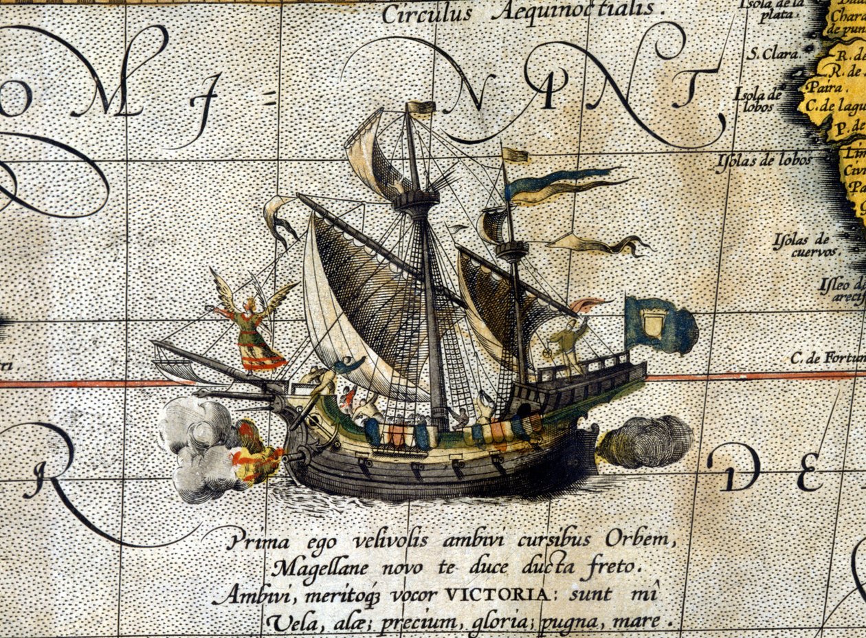 Magellans båd "" Victoria"", der sejlede gennem Stillehavet, repræsenteret i det hollandske atlas af Abrahm Ortelius (1580). af Abraham Ortelius