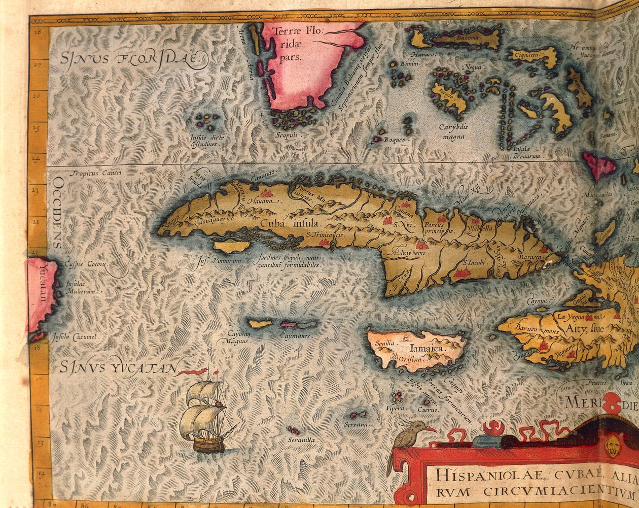 Kort over Cuba og Jamaica, fra Theatrum Orbis Terrarum af Abraham Ortelius, trykt i Antwerpen af Abraham Ortelius