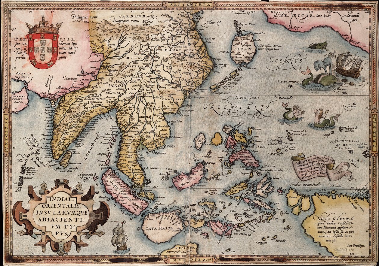 Kort over Ostindien af Ortelius, ca. 1570 (koloreret stik) af Abraham Ortelius