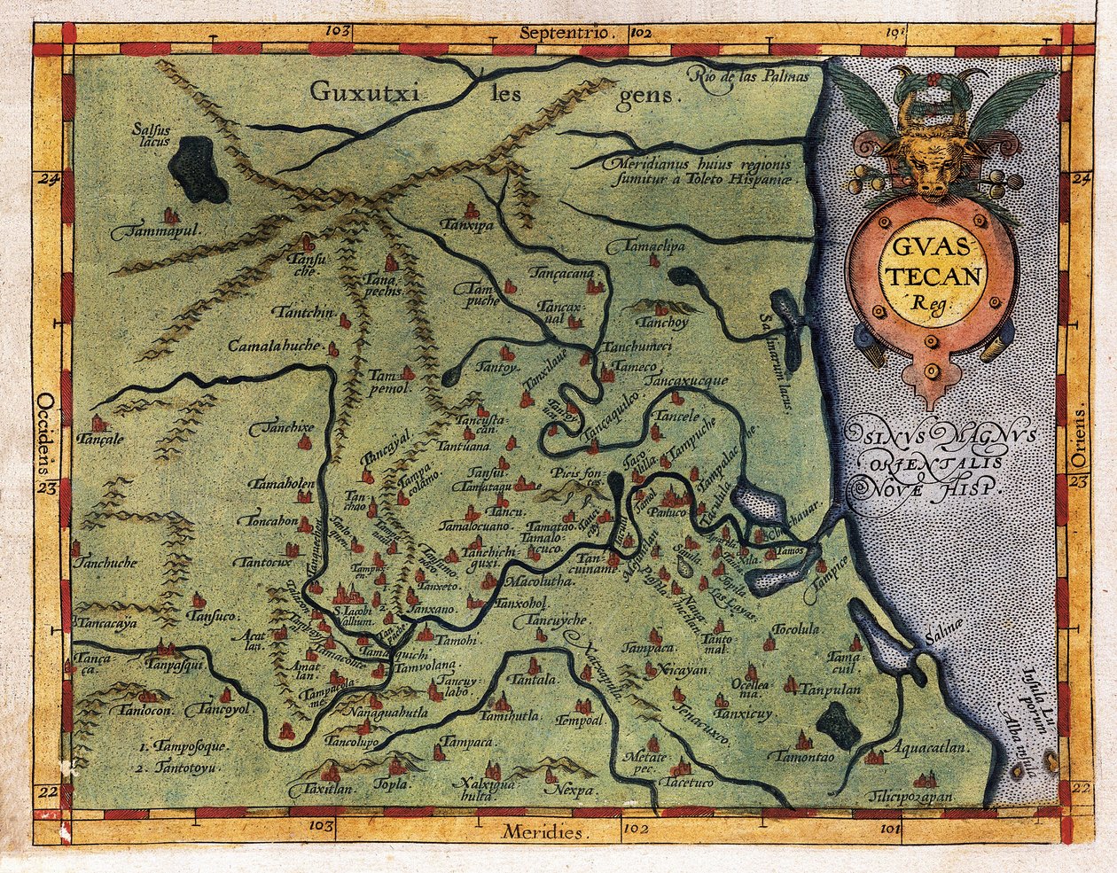 Kort over den Mexicanske Golf (Guastecan), fra Hernando de Sotos ekspedition i 1570 (gravering) af Abraham Ortelius