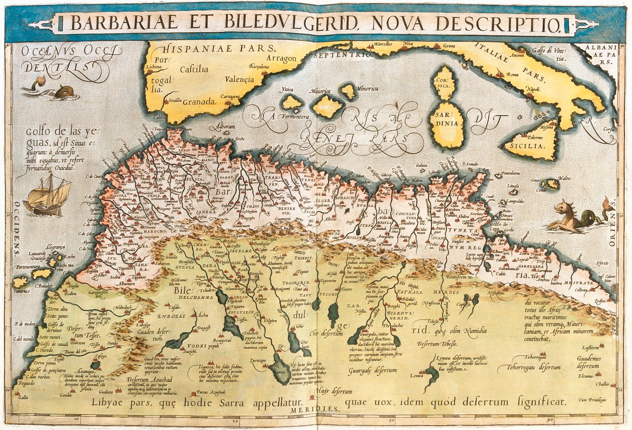 Marokko, Algeriet, Tunesien, Vestlibyen, Vestsahara, Mauretanien, Senegal, Mali, Niger af Abraham Ortelius