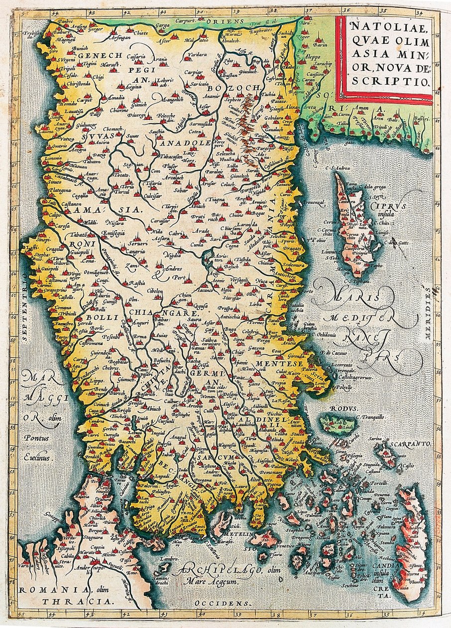 Natoliae, Quae Olim Lilleasien Nova Descriptio Geografisk kort over Lilleasiens territorium (Istanbul og Tyrkiet med øerne Rhodos og Cypern) fra "Theatrum Orbis Terrarum" af Abraham Ortelius (Oertel, Ortell eller Ortel af Abraham Ortelius