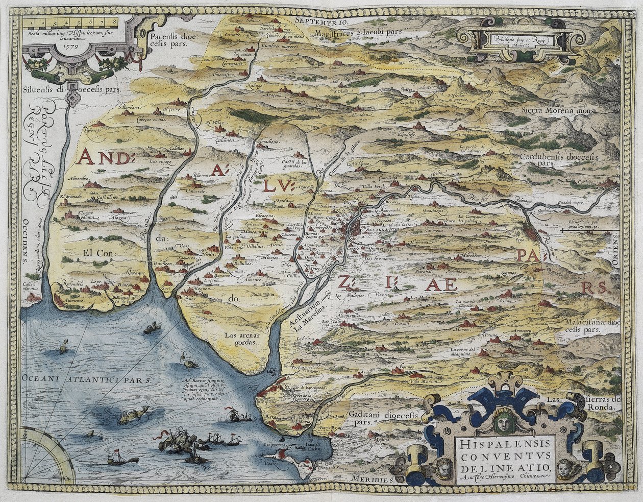 ORTELIUS, Abraham (1527-1598). Theatrum Orbis Terrarum. 1570. Det anses for at være det første moderne atlas. CHAVES, Jeronimo de (1523-1574). Matematiker, astronom og navigatør. Kort over det vestlige Andalusien. Baseret på Hieronimus Chiaves