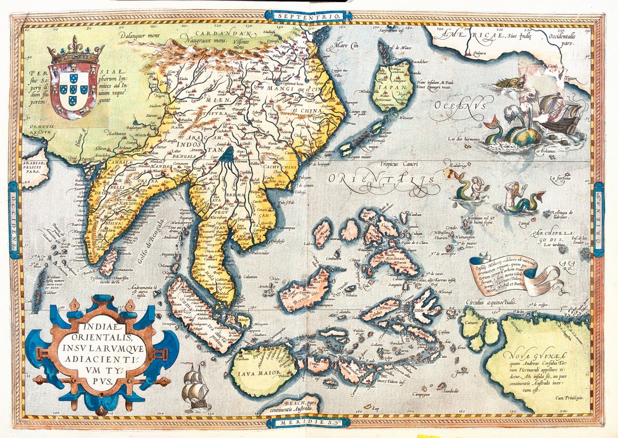 Pakistan, Indien, Sri Lanka, Nepal, Bhutan, Bangladesh, Sydkina, Burma, Thailand, Laos, Vietnam, Cambodja, Malaysia, Brunei, Indonesien, Filippinerne, Taiwan, Sydjapan. af Abraham Ortelius