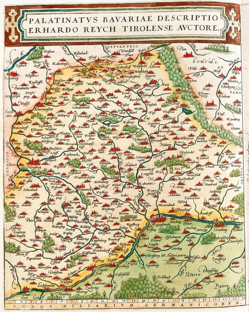 Pfalz af Bayern Geografisk kort over Bavieres territorium i Tyskland fra "Theatrum of the World" af Abraham Ortelius (Oertel, Ortell eller Ortel af Abraham Ortelius