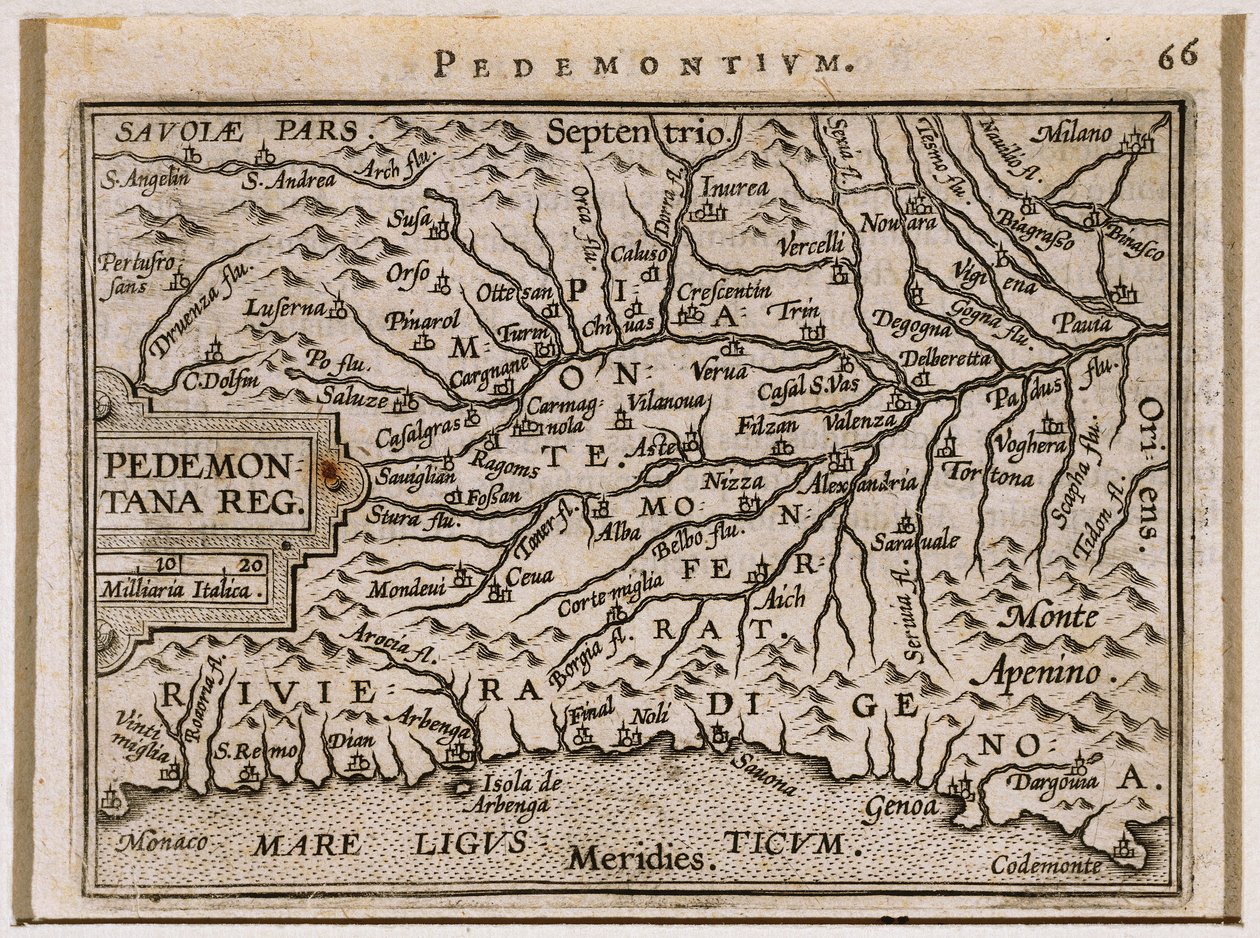 Regionerne Piemonte og Vestligurien. Fra Theatrum Orbis Terrarum af Abraham Ortelius af Abraham Ortelius