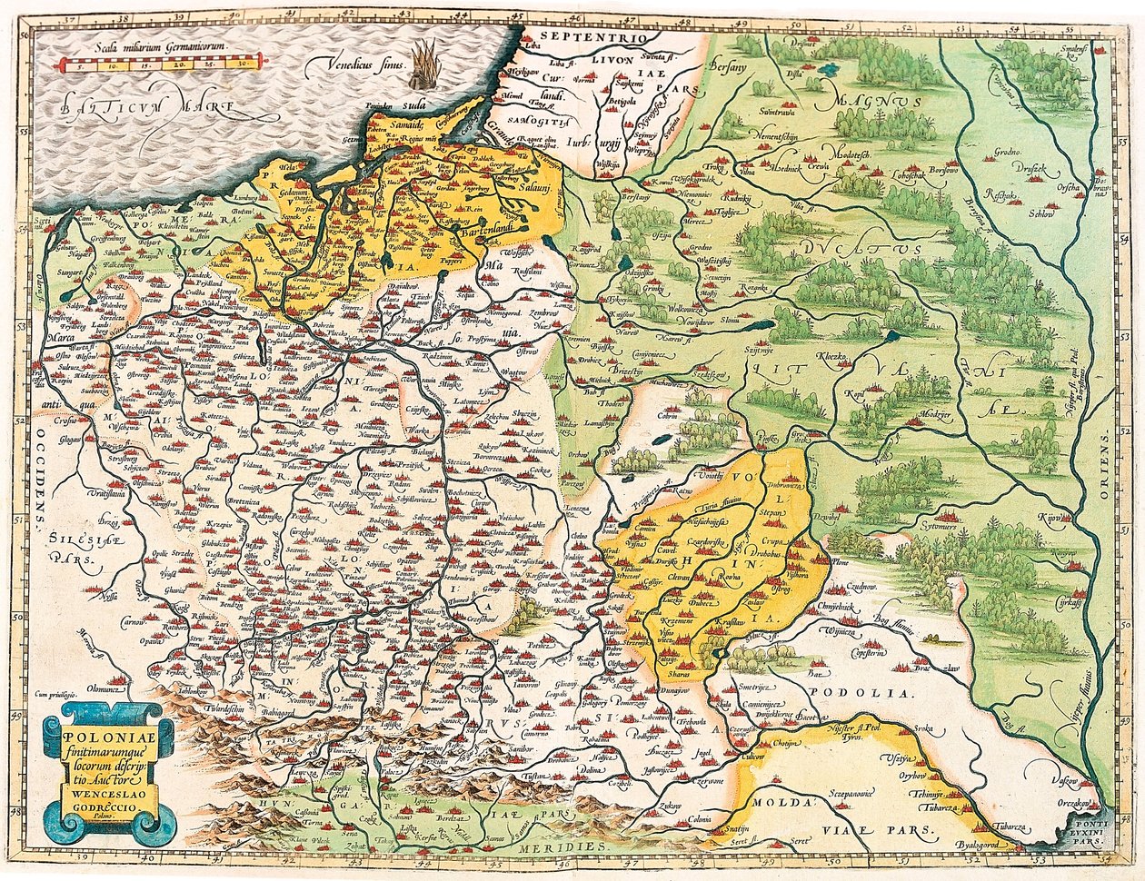En beskrivelse af Polen og dets naboregioner. Geografisk kort over Polen fra "Theatrum Orbis Terrarum" af Abraham Ortelius (Oertel, Ortell eller Ortel af Abraham Ortelius