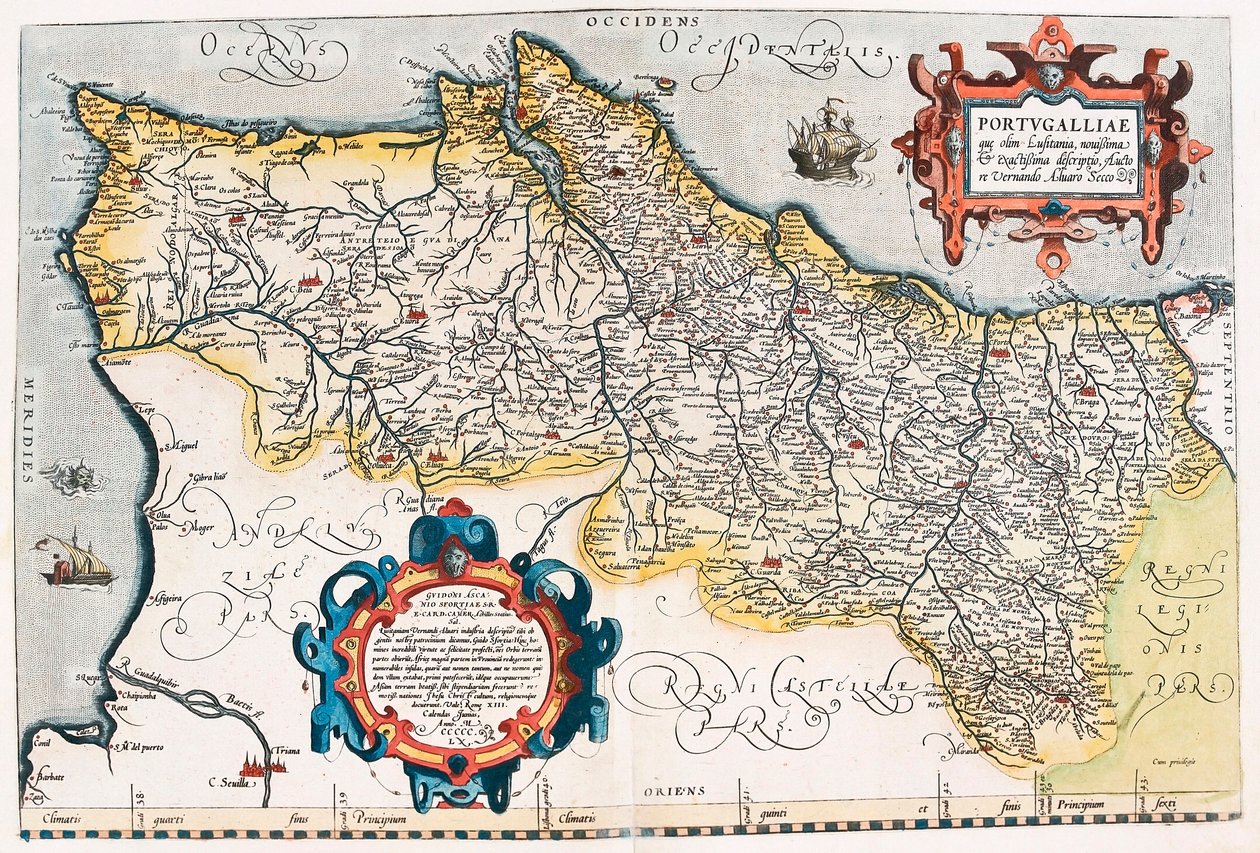 Kort over Portugals territorium fra "Theatrum Orbis Terrarum" af Abraham Ortelius (Oertel, Ortell eller Ortel). af Abraham Ortelius