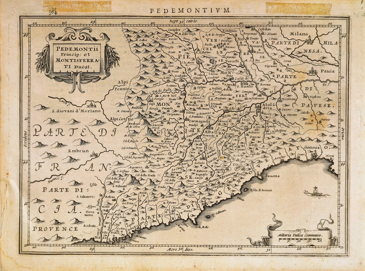 Fyrstendømmet Piemonte, hertugdømmet Monferrato, Vestligurien og en del af Østligurien-regionen, fra Theatrum Orbis Terrarum af Abraham Ortelius af Abraham Ortelius