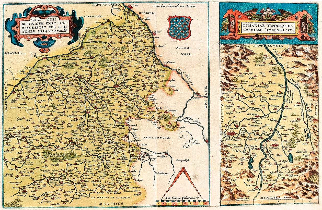 Beskrivelse af Biturig-regionen af ​​D. John Calamaeum Geografisk kort over Bourges-området og regionen i centrum i Gallien (Frankrig) fra "Theatrum Orbis Terrarum" af Abraham Ortelius (Oertel, Ortell eller Ortel af Abraham Ortelius
