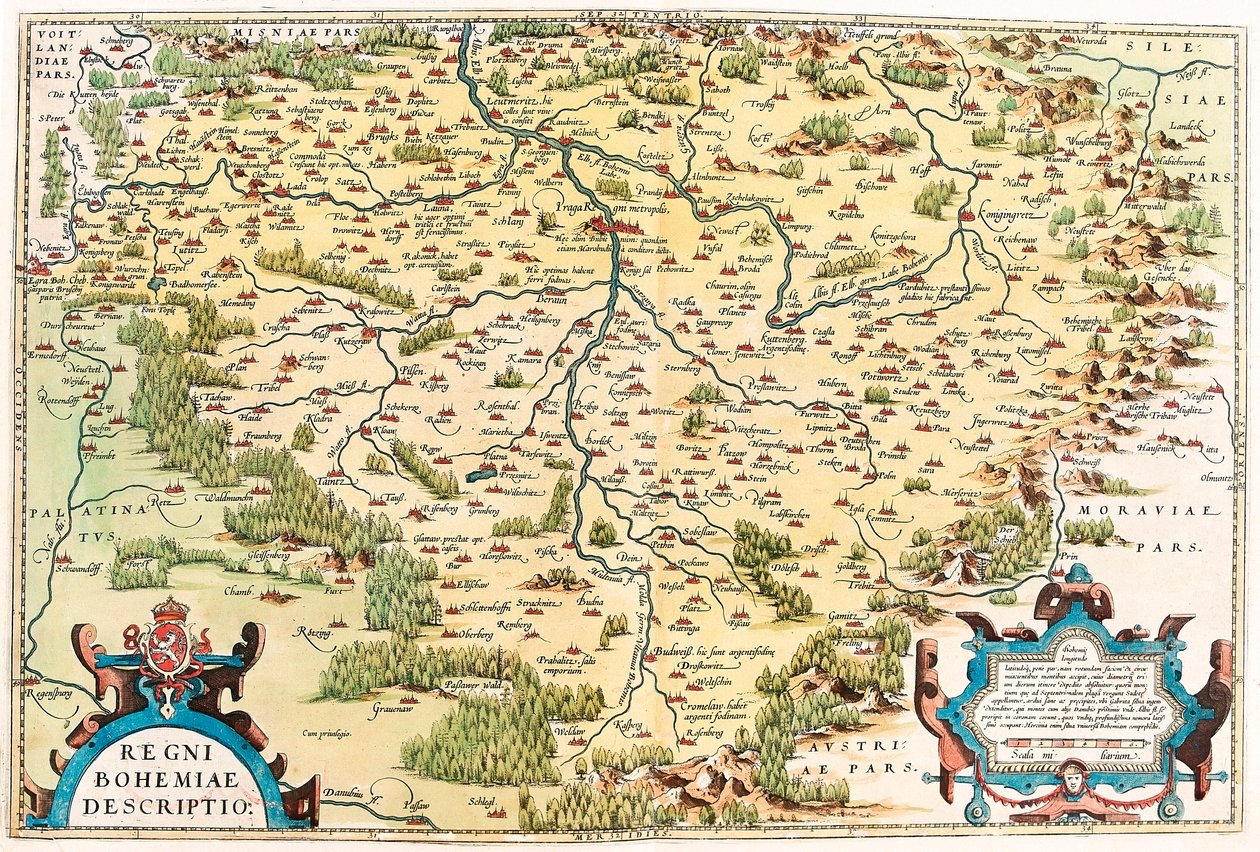 Beskrivelse af Kongeriget Bøhmen Geografisk kort over Bohemes territorium fra "Theatrum Orbis Terrarum" af Abraham Ortelius (Oertel, Ortell eller Ortel af Abraham Ortelius