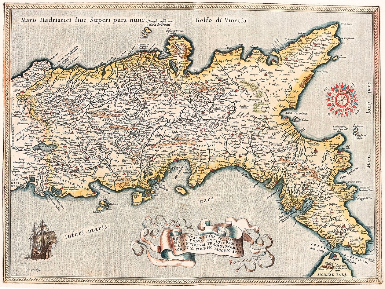Den sandeste beskrivelse af kongeriget Napolitan ifølge traditionen fra de gamle og moderne, Pyrrhus Ligorio auct. Geografisk kort over territoriet for kongeriget Napoli i Italien fra "Theatrum Orbis Terrarum" af Abraham Ortelius (Oertel, Ortell eller Orte af Abraham Ortelius