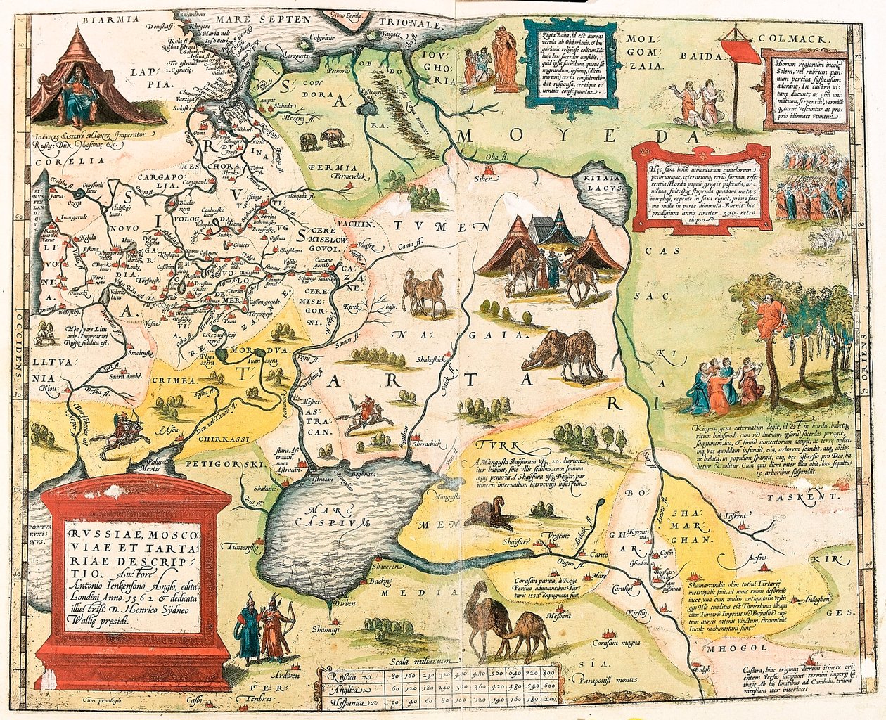 Beskrivelse af Rusland, Moskus og Tartar. Forfatter Antonio Ienkenson Anglo, udgivet i London i 1562 Geografisk kort over Ruslands territorium fra "Theatrum Orbis Terrarum" af Abraham Ortelius (Oertel, Ortell eller Ortel af Abraham Ortelius
