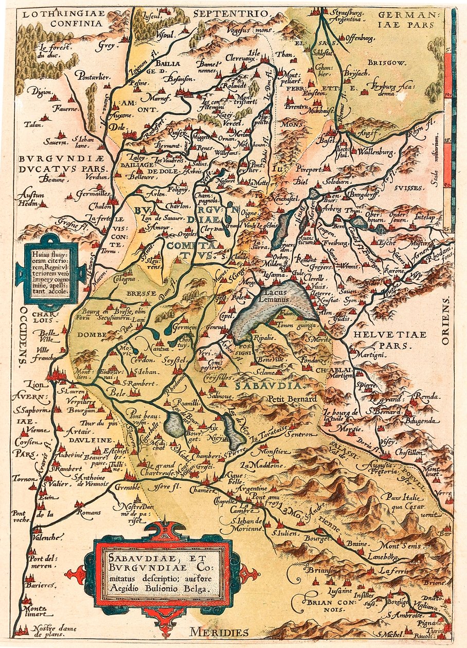 Sabaudia et Burgundiae Comitus beskrivelse Kort over territoriet Bourgogne og Savoyen (Pontarlier, Dijon, Leman-søen, Schweiz) fra "Theatrum Orbis Terrarum" af Abraham Ortelius (Oertel, Ortell eller Ortel). af Abraham Ortelius