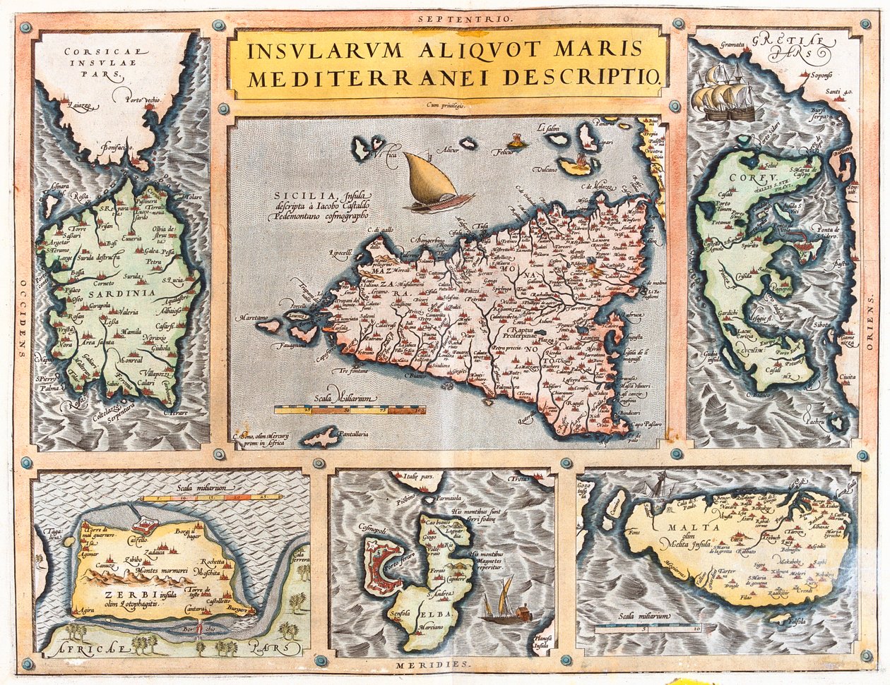Sardinien, Sicilien, Korfu, Djerba, Elba, Malta, Italien, Grækenland, Tunesien, Malta af Abraham Ortelius