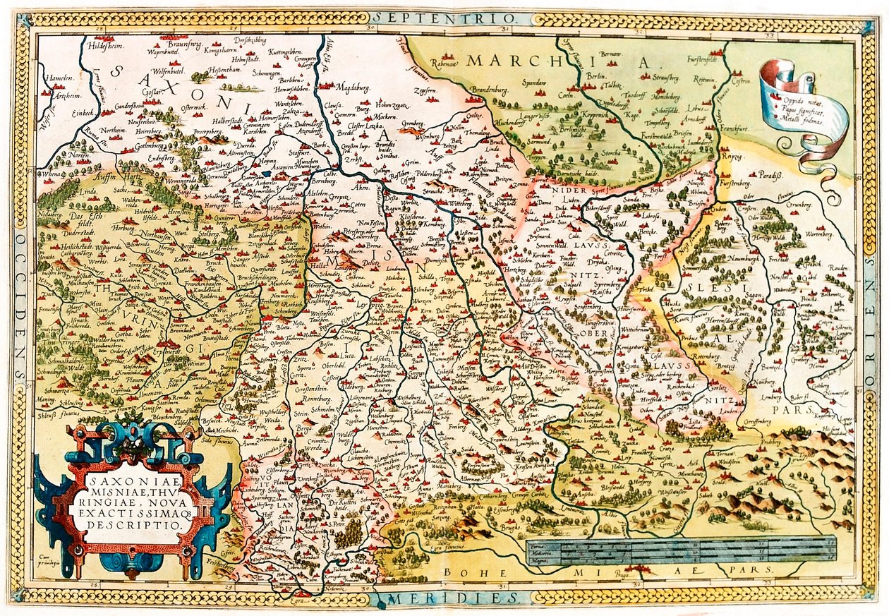 Saxoniae, Misniae, Thuringiae, Nova Accurssimaque Descriptio Geografisk kort over territoriet i Sachsen, Thüringen i Tyskland fra "Theatrum Orbis Terrarum" af Abraham Ortelius (Oertel, Ortell eller Ortel af Abraham Ortelius