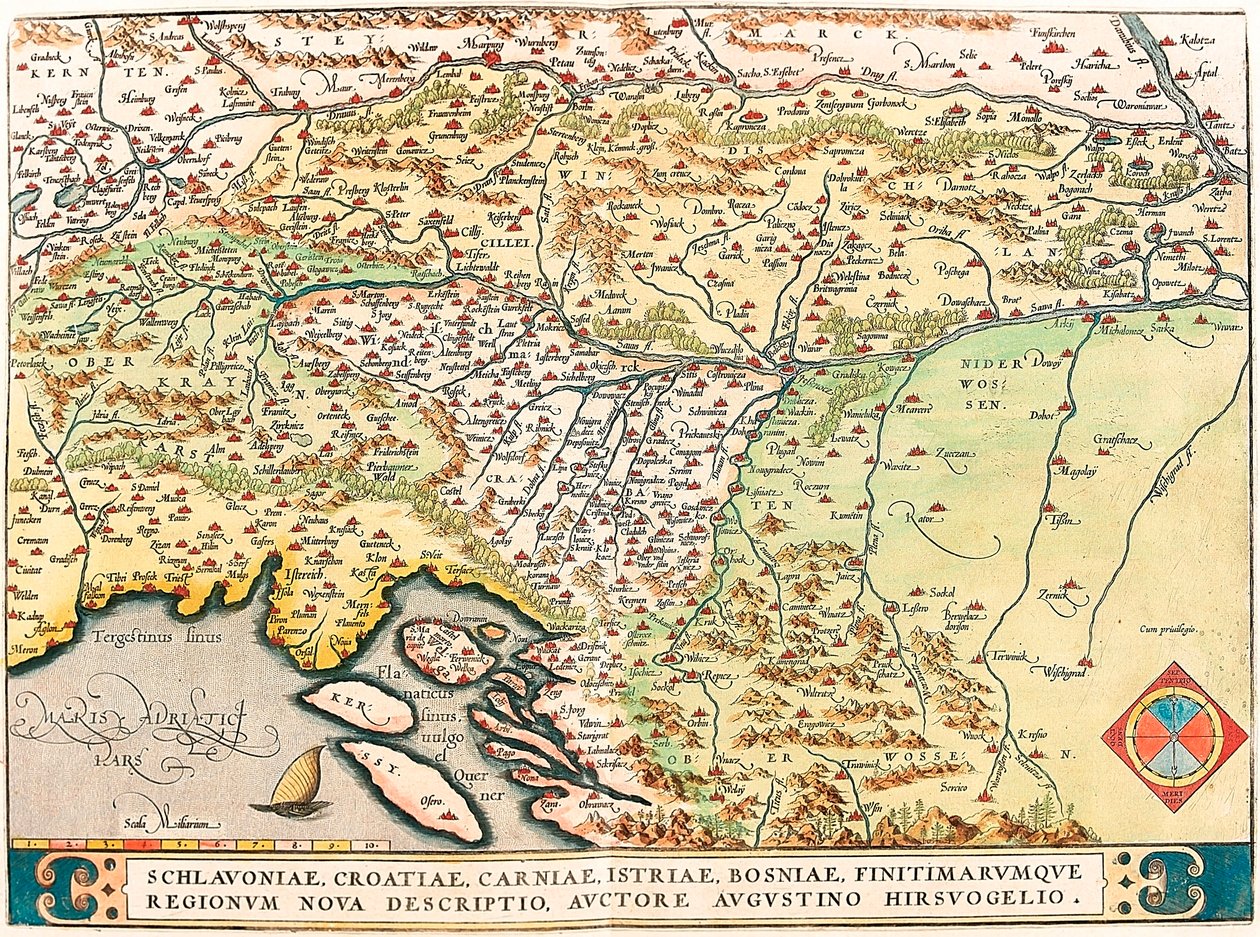 En ny beskrivelse af Slavonien, Kroatien, Carnia, Istrien, Bosnien og naboregioner af Augustino Hirsuogelius Geografisk kort over områderne Slavonien, Kroatien, Bosnien og Dalmatien fra "Theatrum Orbis Terrarum" af Abraham Ortelius (Oertel, af Abraham Ortelius
