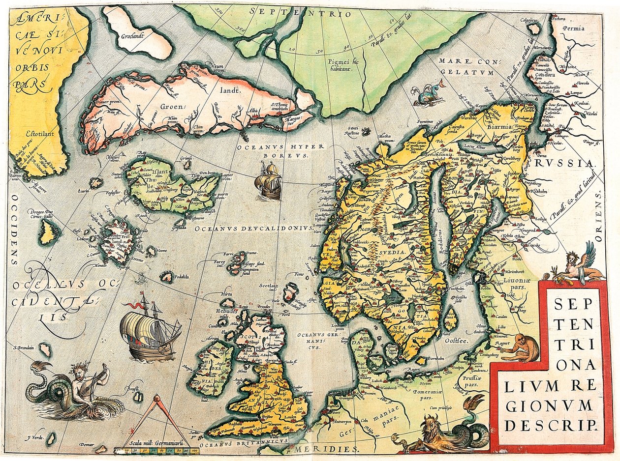 Beskriv. Geografisk kort over Skandinavien og Nordeuropa fra "Theatrum Orbis Terrarum" af Abraham Ortelius (Oertel, Ortell eller Ortel af Abraham Ortelius