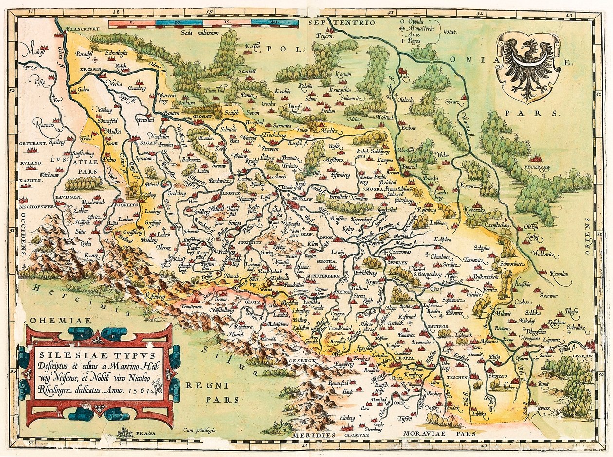 Silesia Typus Descriptio and Descriptus og udgivet af Martino Heilwid Neilsense, og dedikeret til den adelige mand Nicolao Rhedinger Anno 1561 Geografisk kort over territoriet syd for Frankfurt i Tyskland nær Polen fra "Theatrum Orbis Terrarum" af Abraham  af Abraham Ortelius