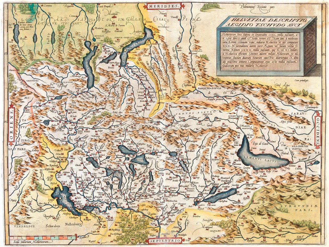 Schweiz, Tyskland (delstat: Baden-Württemberg, Bayern), Østrig (delstat: Voralberg), Liechtenstein, Italien (region: Trentino-Alto Adige, Lombardiet, Piemonte, Aostadalen), Frankrig (region: Franche-Comté, Rhône-Alpes, Alsace), af Abraham Ortelius