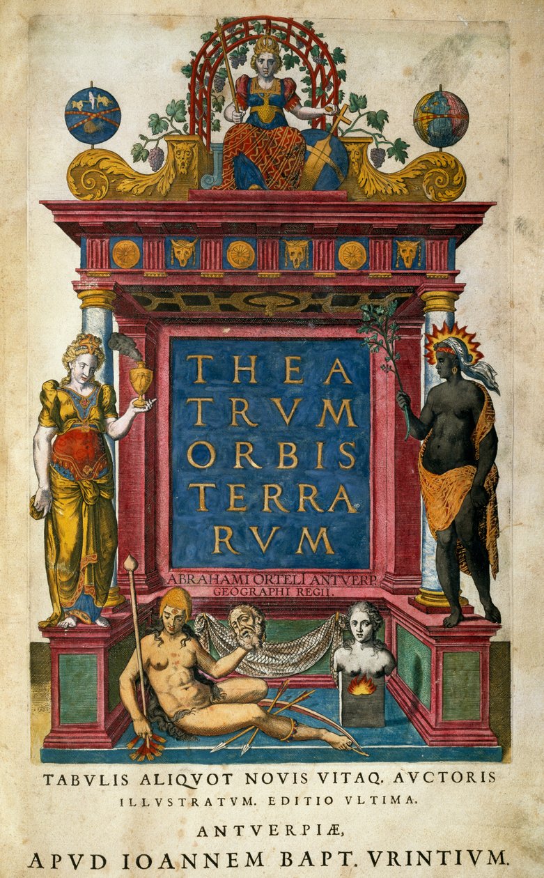 Theatrum Orbis Terrarum, af Abraham Ortelius (1527-1598), titelblad, Antwerpen af Abraham Ortelius