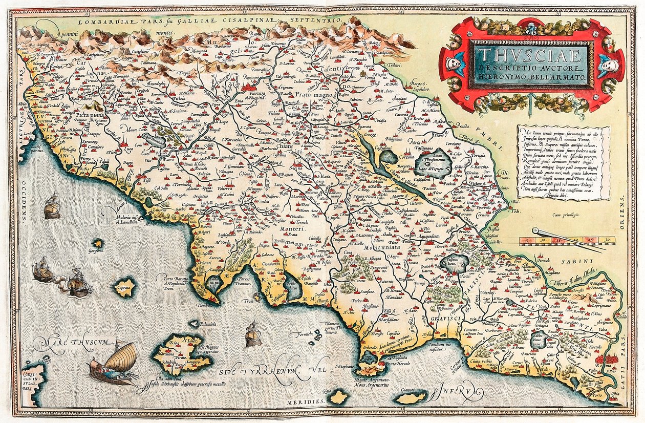 af Thuscia. Beskrivelse af Hieronymus Bellamarto Geografikort over Toscanas territorium i Italien fra "Theatrum Orbis Terrarum" af Abraham Ortelius (Oertel, Ortell eller Ortel af Abraham Ortelius
