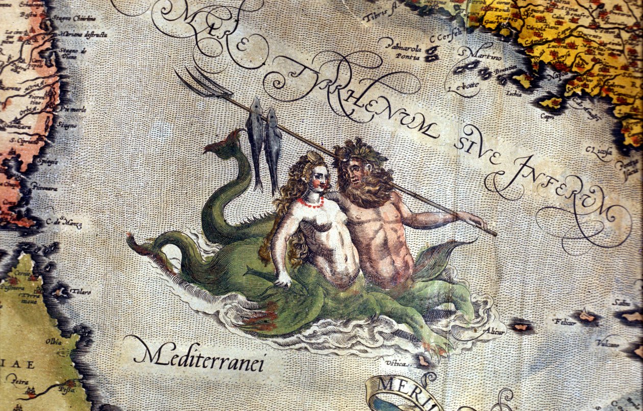 Triton og Sirene i Middelhavet. "Theatrum Orbis Terrarum" af Abraham Ortelius, Antwerpen 1584. af Abraham Ortelius