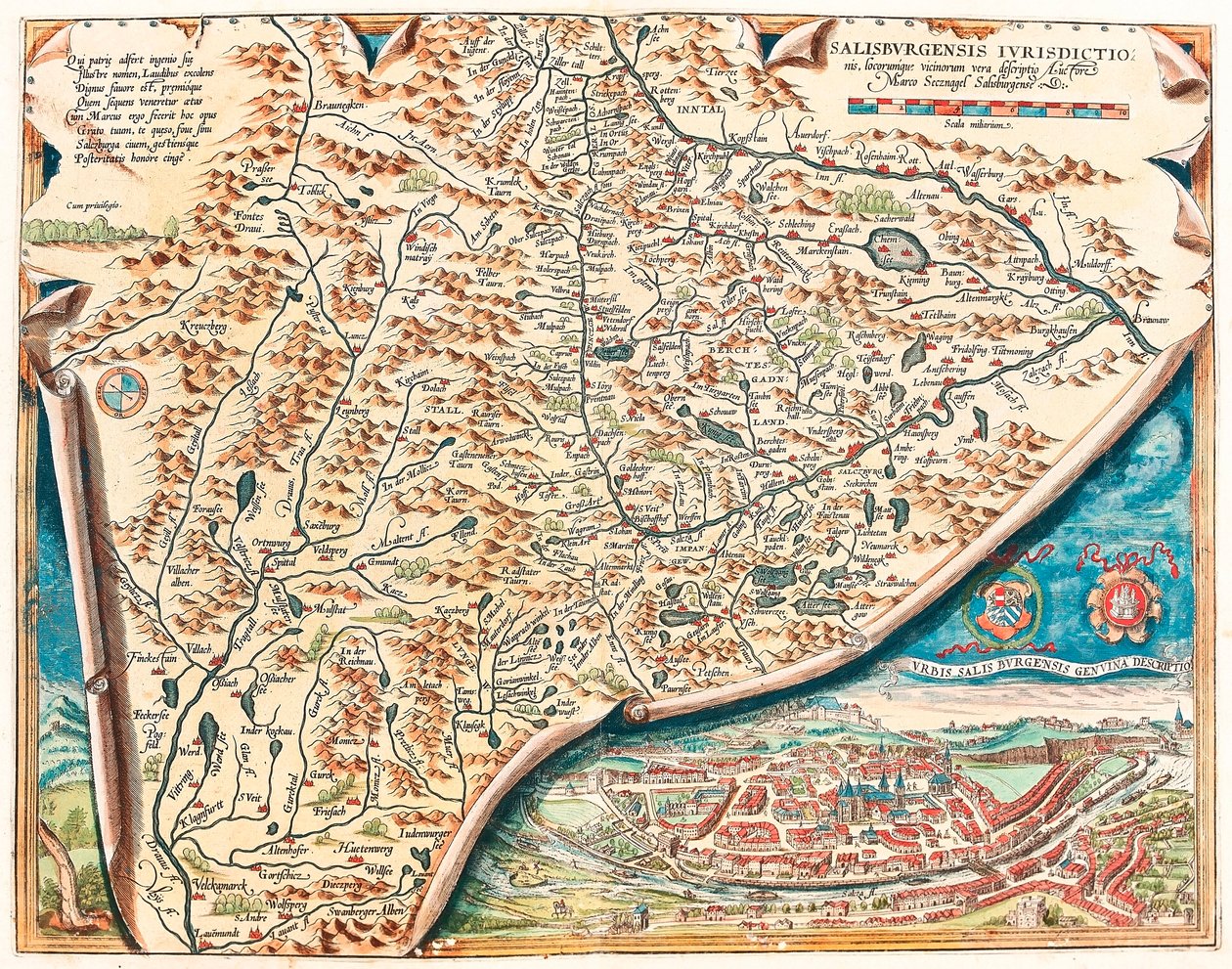 En ægte beskrivelse af byen Salzburg Geografisk kort over Salzburgs område i Østrig fra "Theatrum Orbis Terrarum" af Abraham Ortelius (Oertel, Ortell eller Ortel af Abraham Ortelius