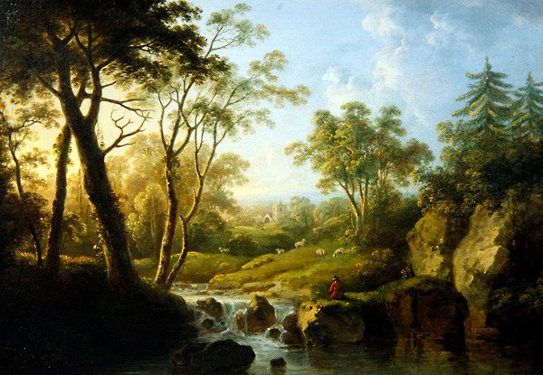 Et skovklædt landskab med et vandfald (olie på lærred) af Abraham Pether
