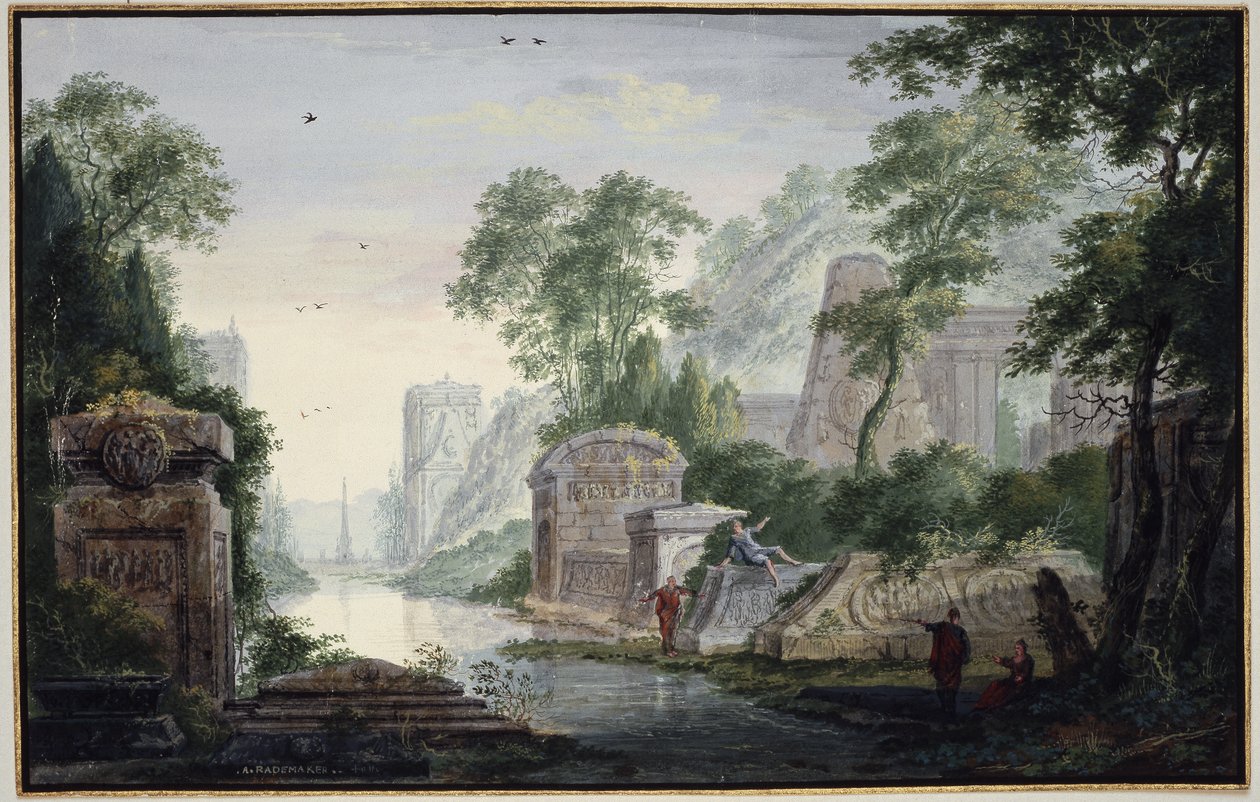 Antikke gravruiner i et flodlandskab af Abraham Rademaker